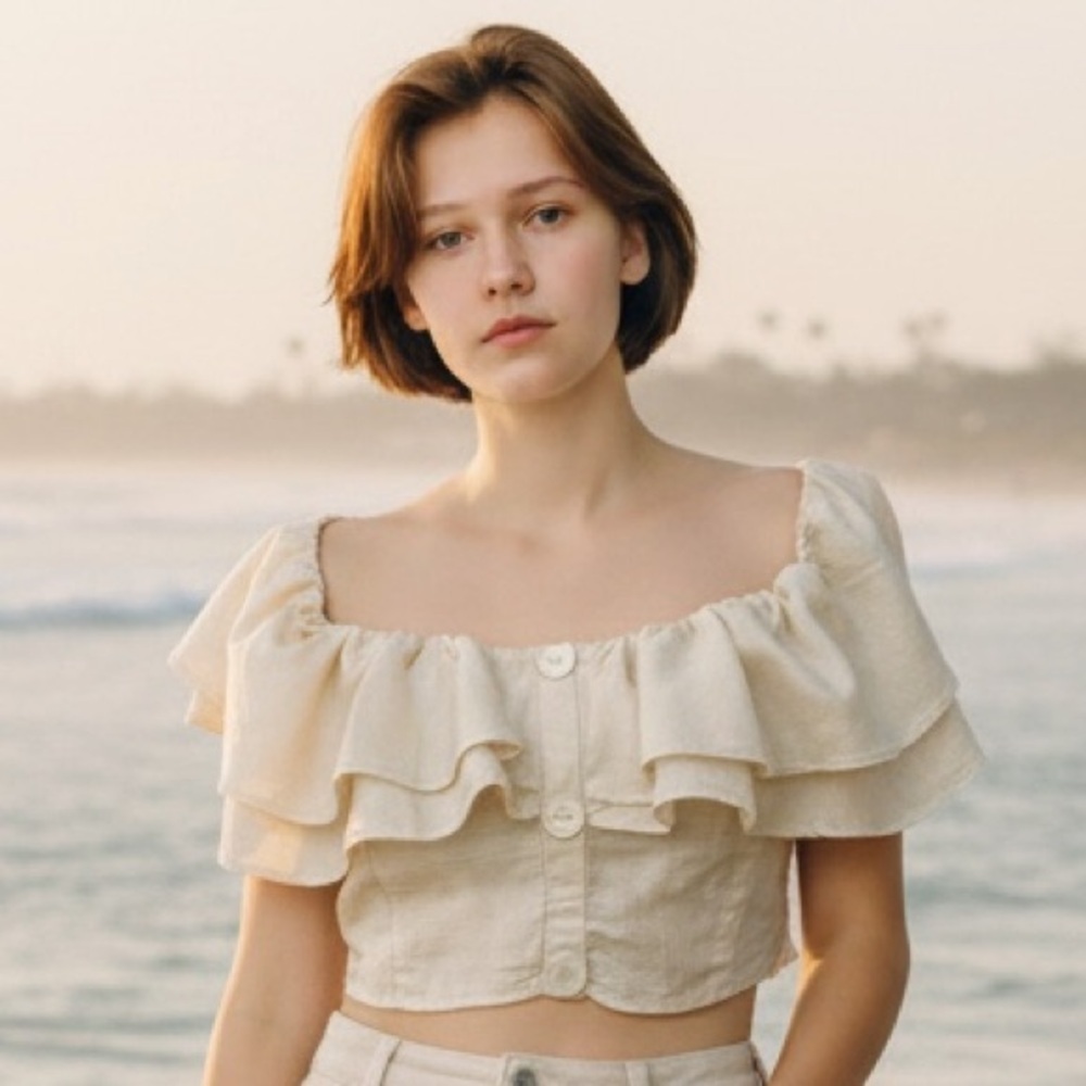 Zara Women’s Off The Shoulder Ruffle Cream Crop Top Size-M NWT